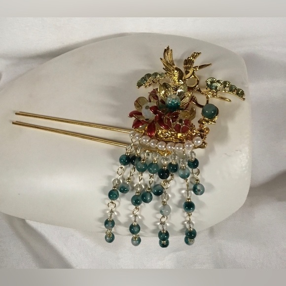 Hair Pick Accessory. Molded Gold Bird,Metal Flowers, Green & Pearl Beads main image 2